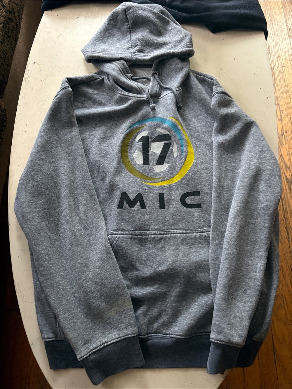 MIC Gray Hoodie with Yellow and Blue Ring Graphic
